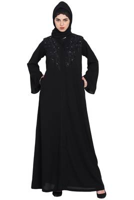 Black Simple Yet Stylish Front Openembroidered Abaya 1