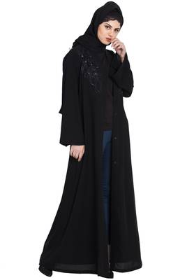 Black Simple Yet Stylish Front Openembroidered Abaya 5