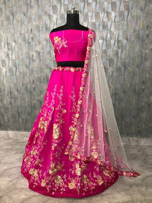 Pink embroidered
 art silk semi stitched lehenga 1