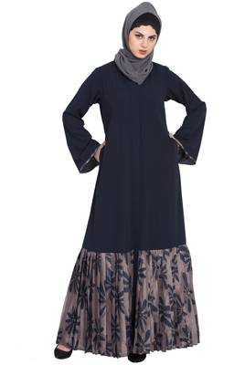 Black And Grey Printed Bottom Front Open Dress Abaya 1
