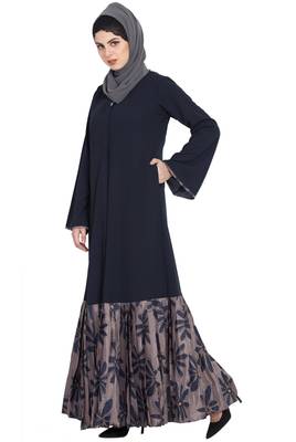 Black And Grey Printed Bottom Front Open Dress Abaya 2