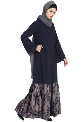Black And Grey Printed Bottom Front Open Dress Abaya 3