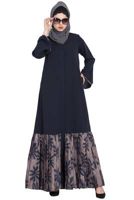 Black And Grey Printed Bottom Front Open Dress Abaya 4