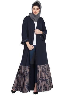 Black And Grey Printed Bottom Front Open Dress Abaya 5