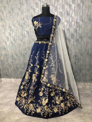 Dark-blue embroidered art silk semi stitched lehenga 1