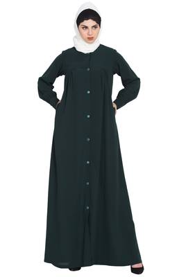Bottle Green Front Open Abaya With Ruffles On Yoke And Cuffs 1