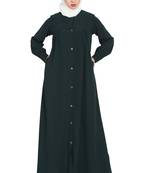 Bottle Green Front Open Abaya With Ruffles On Yoke And Cuffs