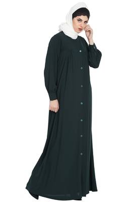 Bottle Green Front Open Abaya With Ruffles On Yoke And Cuffs 2