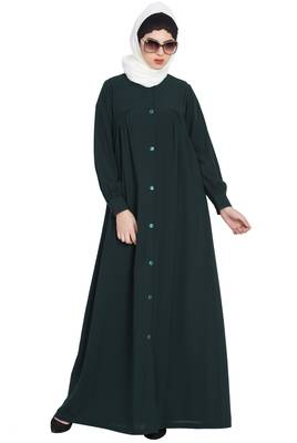 Bottle Green Front Open Abaya With Ruffles On Yoke And Cuffs 3