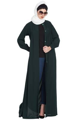 Bottle Green Front Open Abaya With Ruffles On Yoke And Cuffs 4