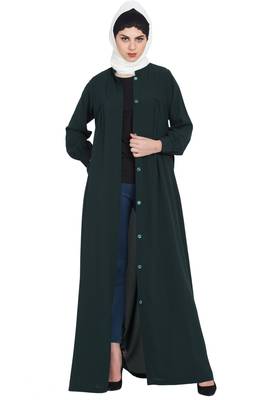 Bottle Green Front Open Abaya With Ruffles On Yoke And Cuffs 5