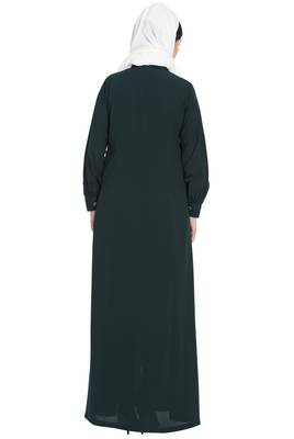 Bottle Green Front Open Abaya With Ruffles On Yoke And Cuffs 6