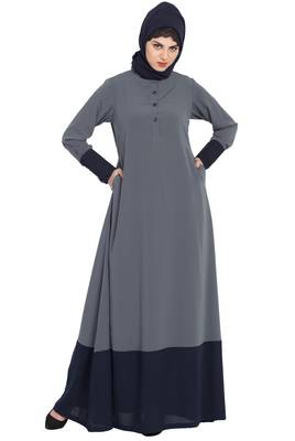 Grey Dual Color Abaya With Buttoned Sleeves 1