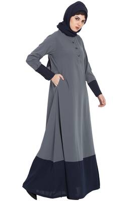 Grey Dual Color Abaya With Buttoned Sleeves 2