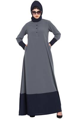 Grey Dual Color Abaya With Buttoned Sleeves 3