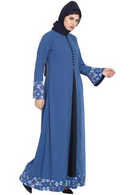 Blue Nidadress Abaya With Floral Borders 3