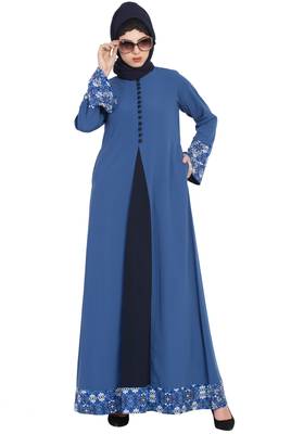 Blue Nidadress Abaya With Floral Borders 4