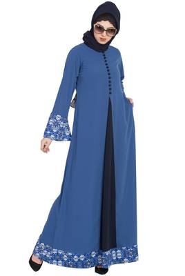 Blue Nidadress Abaya With Floral Borders 5