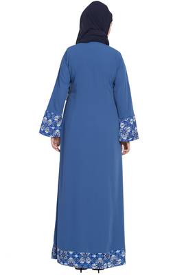 Blue Nidadress Abaya With Floral Borders 6