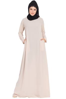 Light Beige kashibo Simple A Line Abaya With Side Pockets 2