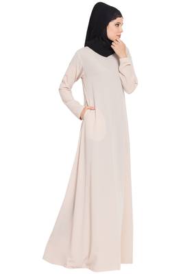 Light Beige kashibo Simple A Line Abaya With Side Pockets 4
