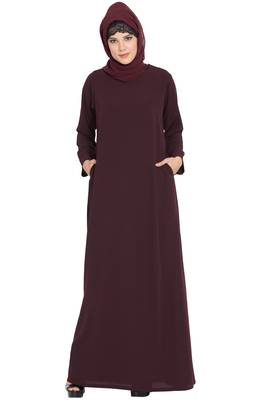 Wine Simple A Line Abaya With Side Pockets 4