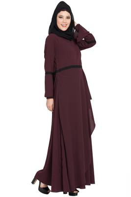 Wine kashibo Umbrella Cut Dress Abaya With Falling Panel And Bell Sleeves 2