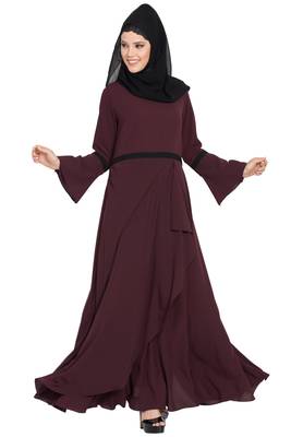 Wine kashibo Umbrella Cut Dress Abaya With Falling Panel And Bell Sleeves 4