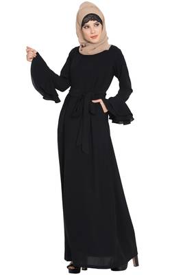 Black kashibo Abaya Dress With Double Layers Of Bell Sleeves And Matching Belt 1