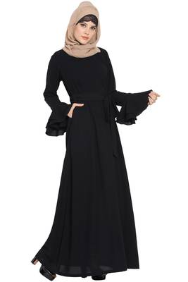 Black kashibo Abaya Dress With Double Layers Of Bell Sleeves And Matching Belt 2