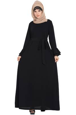 Black kashibo Abaya Dress With Double Layers Of Bell Sleeves And Matching Belt 3