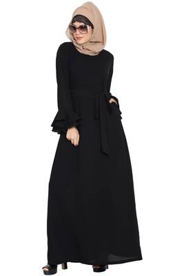 Black kashibo Abaya Dress With Double Layers Of Bell Sleeves And Matching Belt 4