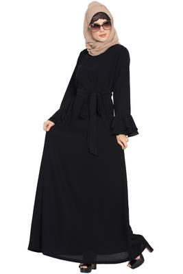 Black kashibo Abaya Dress With Double Layers Of Bell Sleeves And Matching Belt 5