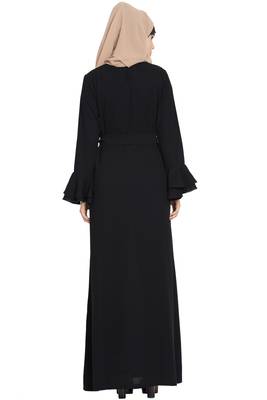 Black kashibo Abaya Dress With Double Layers Of Bell Sleeves And Matching Belt 6