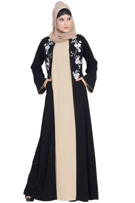 Black Nida Two Piece Abaya Set With Embroidered Cardigan 1