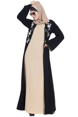 Black Nida Two Piece Abaya Set With Embroidered Cardigan 4