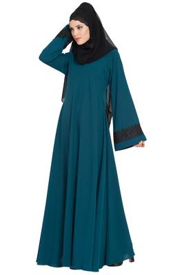 Teal kashibo Umbrella Cut Abaya With Lace Work On Sleeves 3