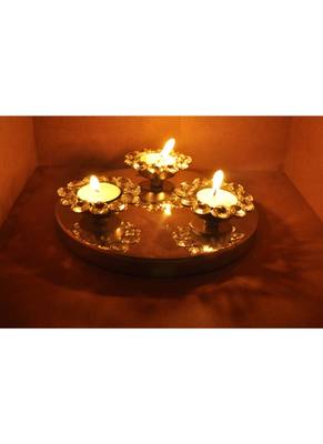 Three Flower Design Crystal Pooja Tray & Tealight candle Holder 2 X 8 Inches 1