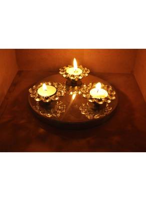 Three Flower Design Crystal Pooja Tray & Tealight candle Holder 2 X 8 Inches 2