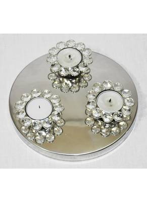 Three Flower Design Crystal Pooja Tray & Tealight candle Holder 2 X 8 Inches 3