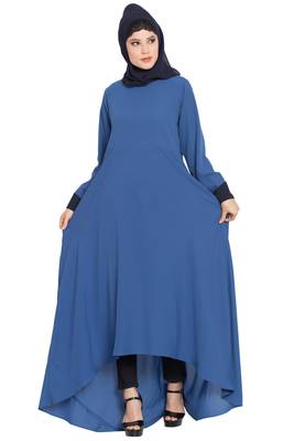 Blue Nida Dress Abaya With Asymmetrical Pattern 1