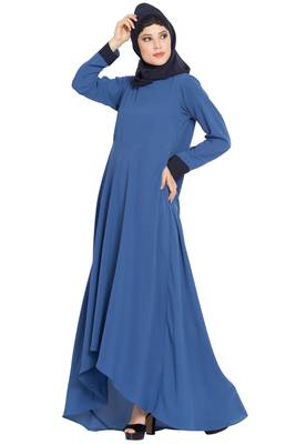 Blue Nida Dress Abaya With Asymmetrical Pattern 4