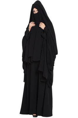 Black Georgette 4 Piece Burqa Set With Nose Piece And Chador 2