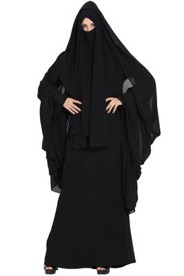 Black Georgette 4 Piece Burqa Set With Nose Piece And Chador 3
