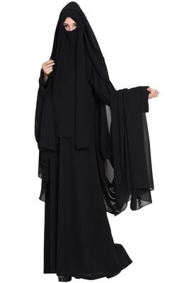 Black Georgette 4 Piece Burqa Set With Nose Piece And Chador 4