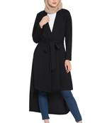 Black Polyester  Full Sleeves Long Jacket With Matching Fabric Belt