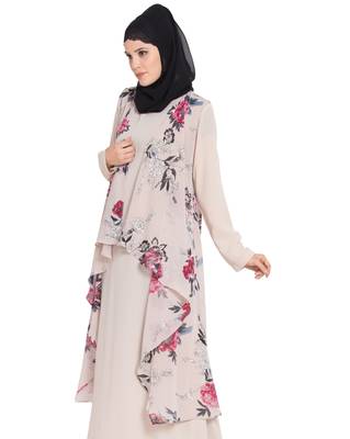 Beige Printed Sleeveless Free Size Shrug For Any Abaya 1