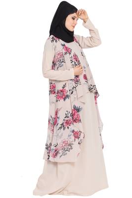 Light Beige Print Two Pieces Set Abaya And Shrug Combo 2