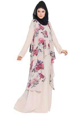 Light Beige Print Two Pieces Set Abaya And Shrug Combo 3