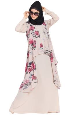 Light Beige Print Two Pieces Set Abaya And Shrug Combo 4